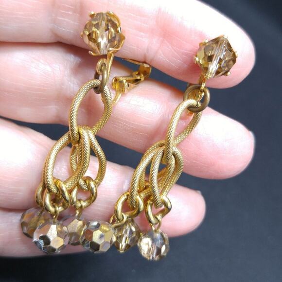 Vintage Crystal Beaded Earrings, Gold Metallic Clear Beads,  2 Inches - Picture 7 of 10
